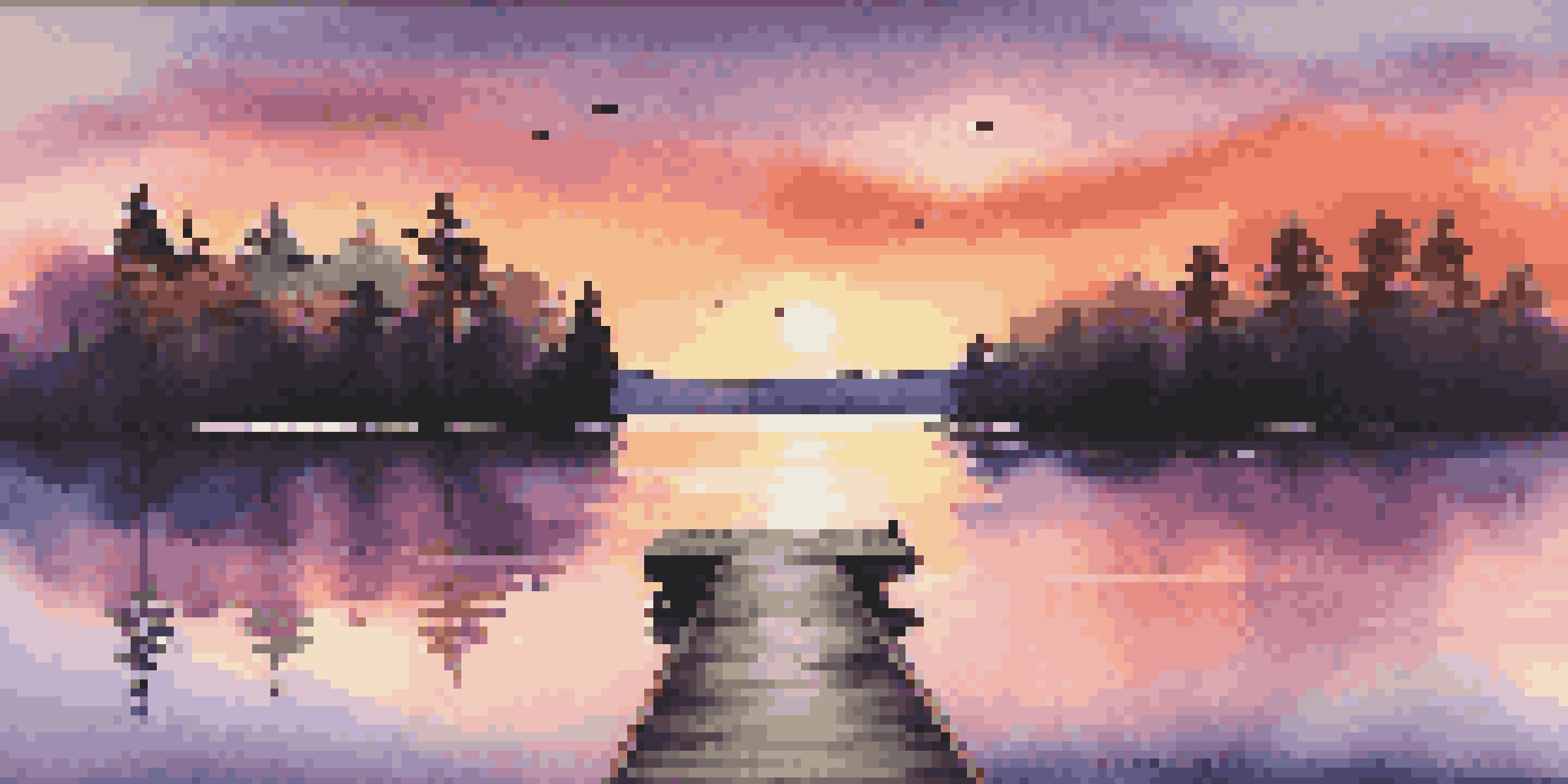 A picturesque sunset over a calm lake with silhouetted trees and a small wooden dock.