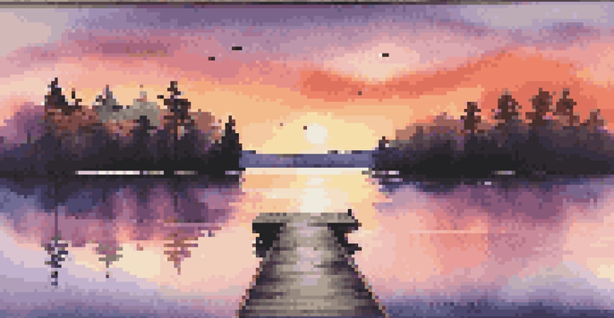 A picturesque sunset over a calm lake with silhouetted trees and a small wooden dock.
