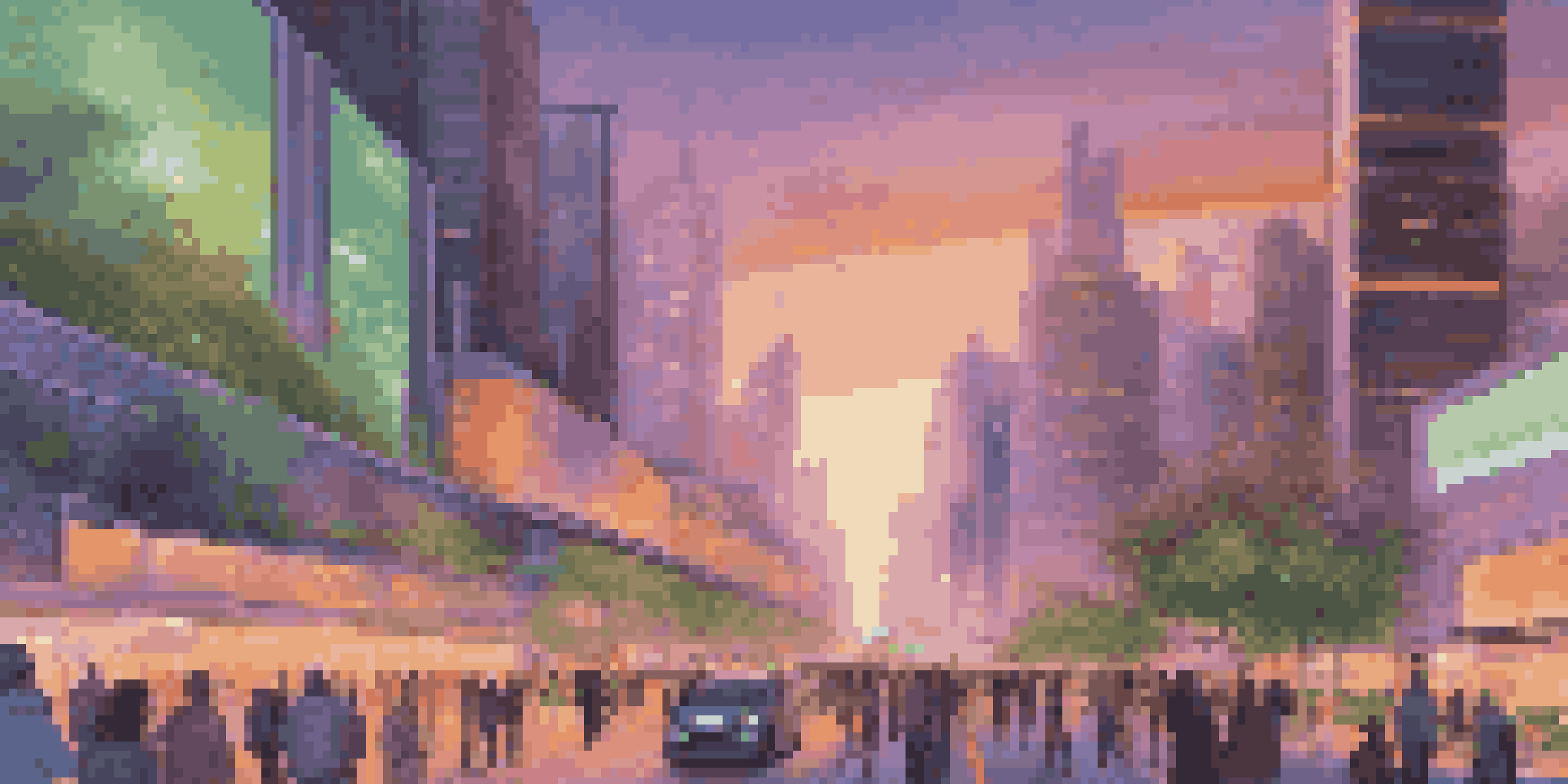 A vibrant smart city at dusk, featuring futuristic architecture, electric vehicles, and pedestrians using interactive kiosks, under a sunset sky.