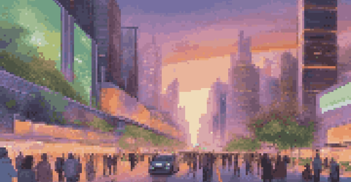 A vibrant smart city at dusk, featuring futuristic architecture, electric vehicles, and pedestrians using interactive kiosks, under a sunset sky.