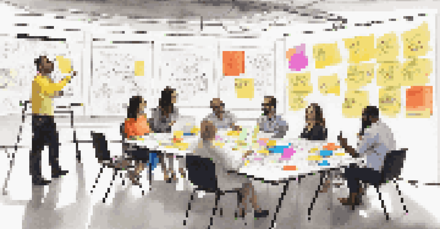 A dynamic brainstorming session with sticky notes and markers on a table, showcasing team collaboration.