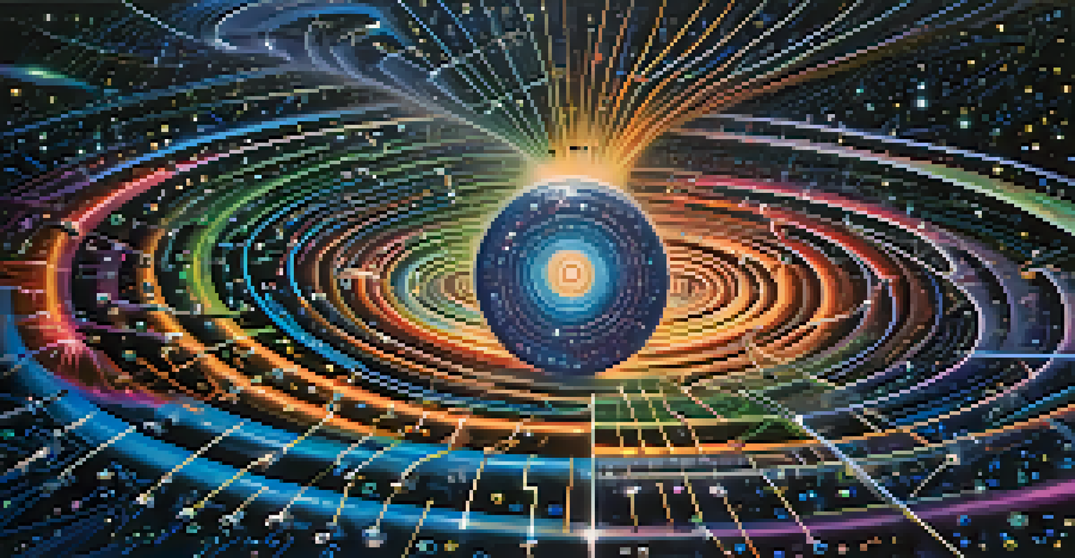An artistic representation showing bits transforming into qubits, surrounded by a cosmic background, illustrating the transition from classical to quantum computing.