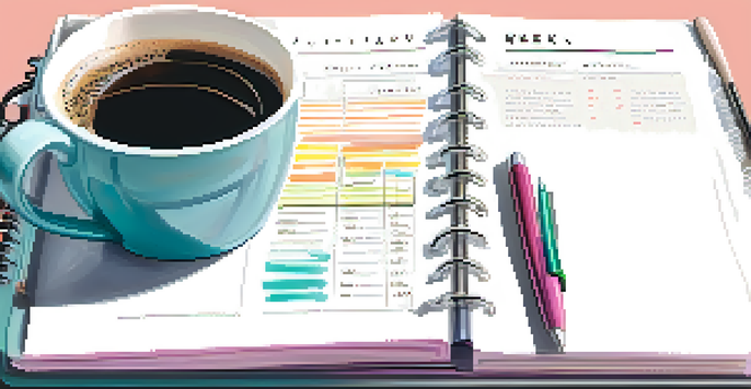 A close-up of an open planner with colorful notes and a cup of coffee.