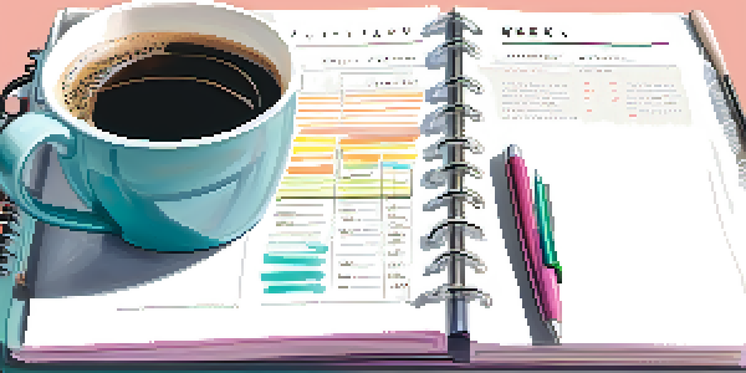 A close-up of an open planner with colorful notes and a cup of coffee.