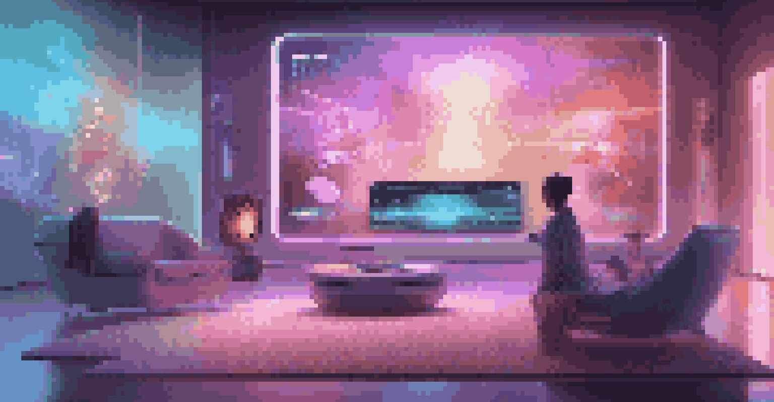 A futuristic concept of music streaming technology with a holographic interface and ambient lighting.