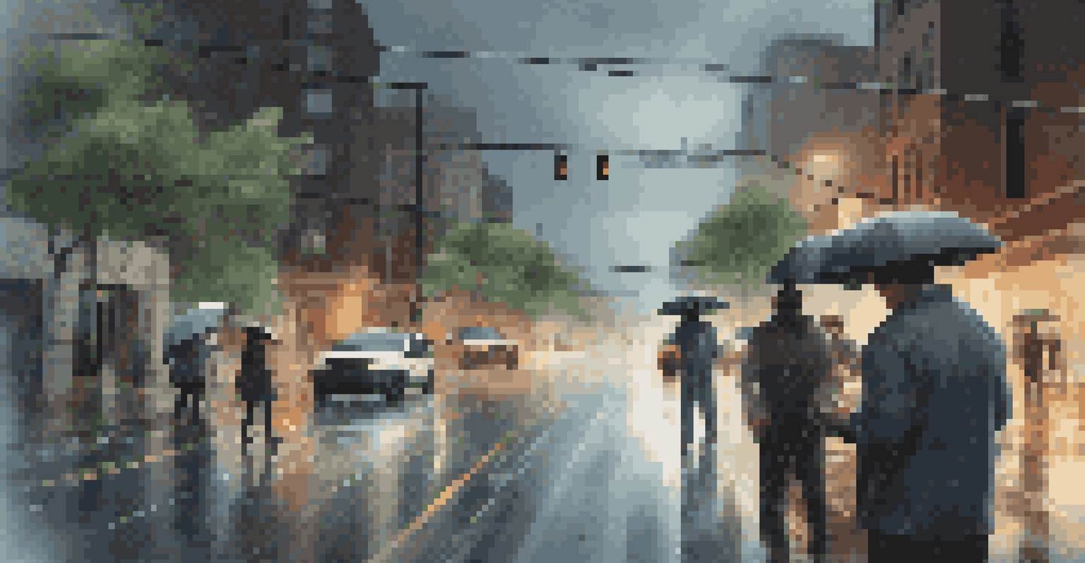 An urban street during a simulated hurricane with people using smartphones showing augmented reality data about weather and evacuation routes.