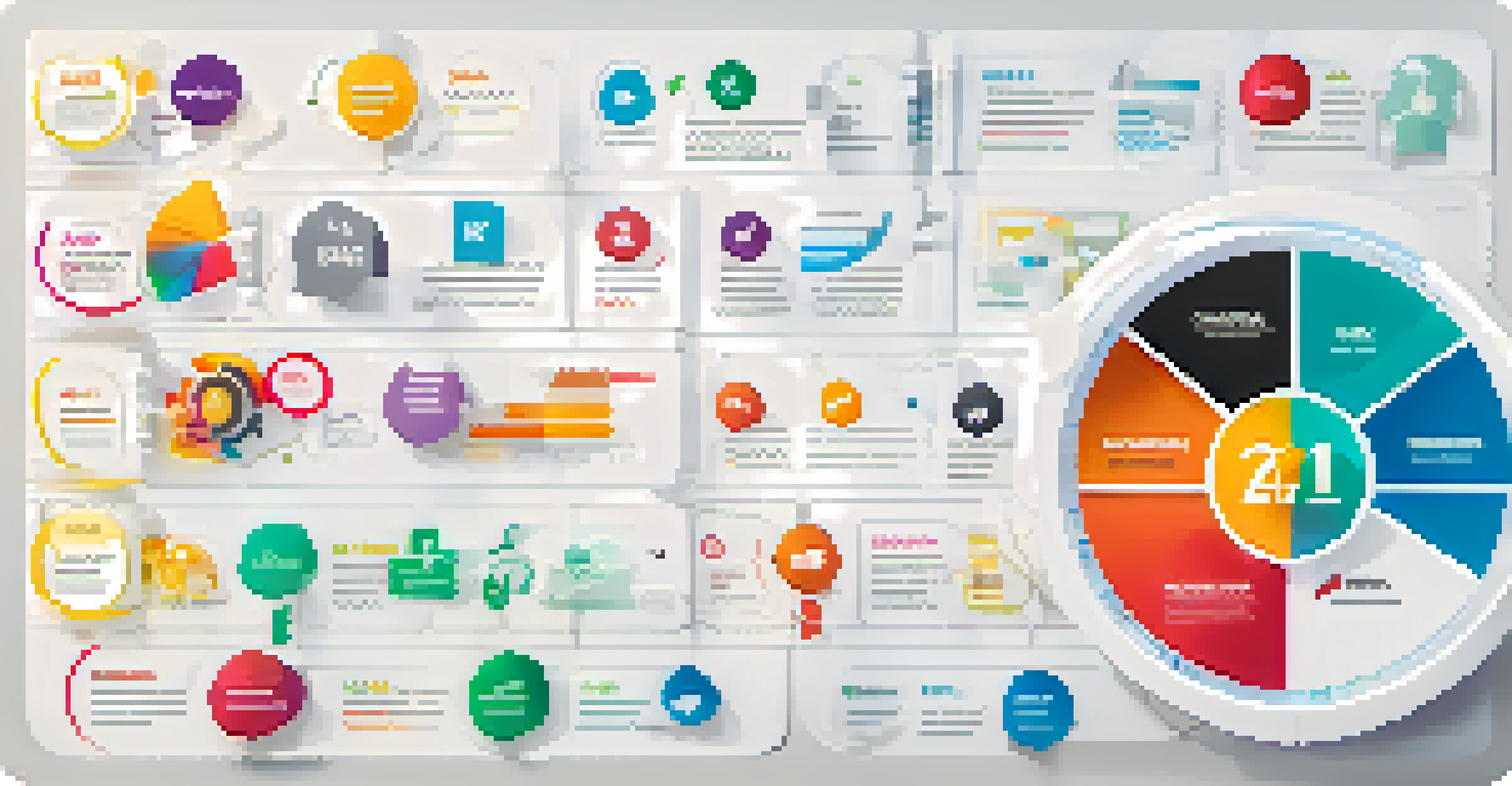 An infographic displaying various types of KPIs with icons and colorful labels in a circular layout on a light background.