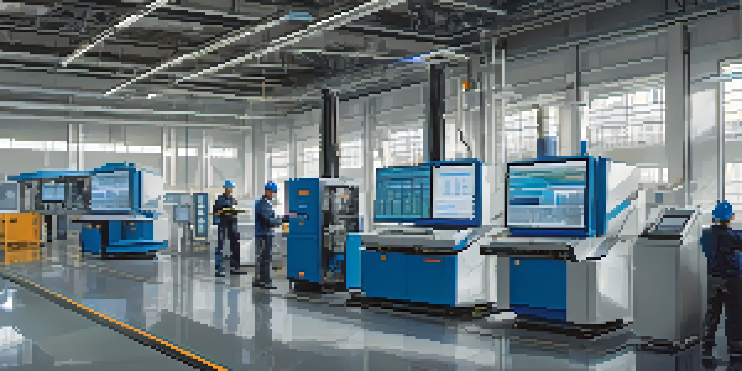 A modern manufacturing facility with workers performing predictive maintenance on large machines using tablets and data displays.
