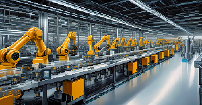 A digital twin of a manufacturing assembly line with robotic arms and real-time performance monitoring.