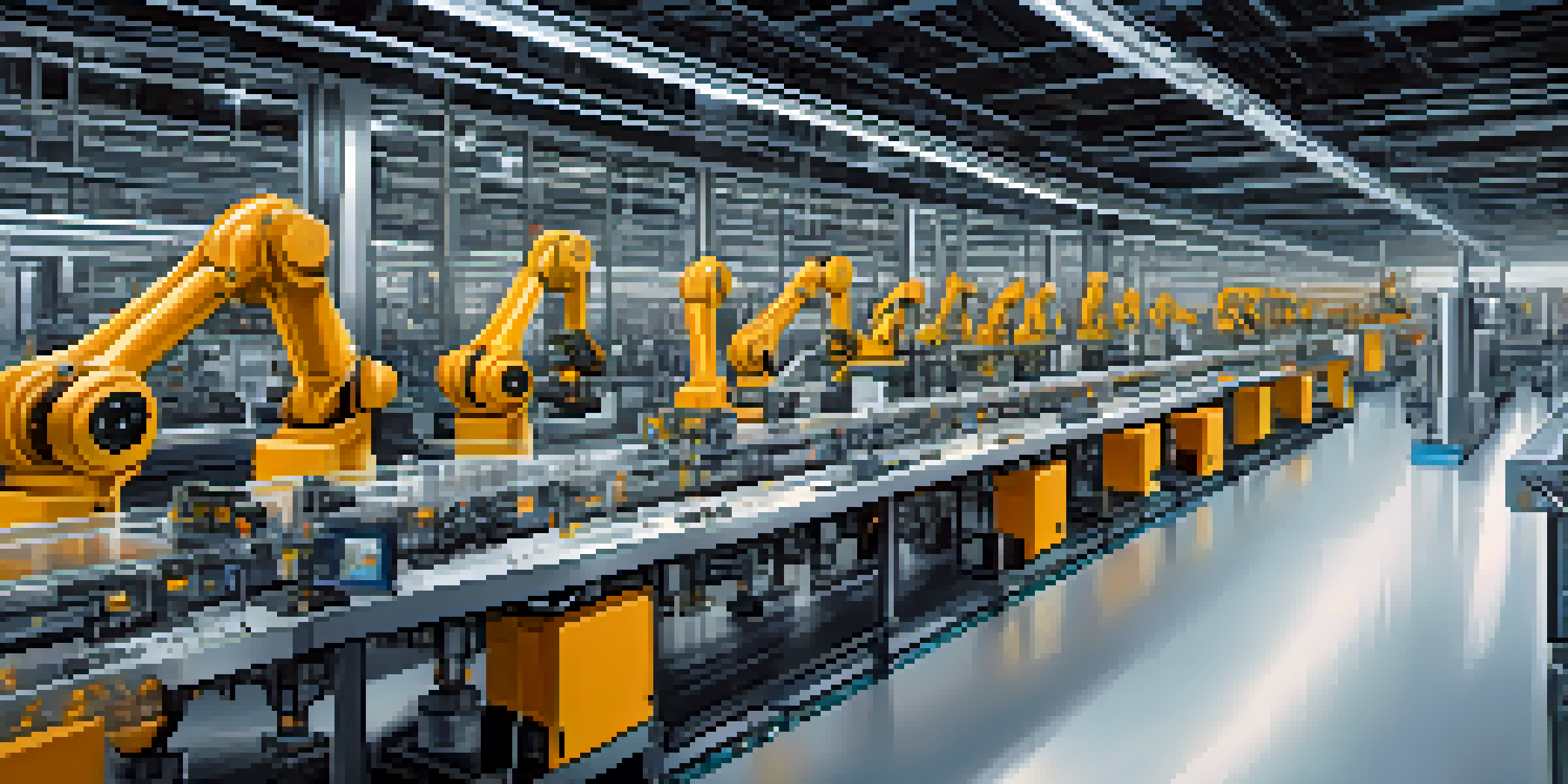 A digital twin of a manufacturing assembly line with robotic arms and real-time performance monitoring.