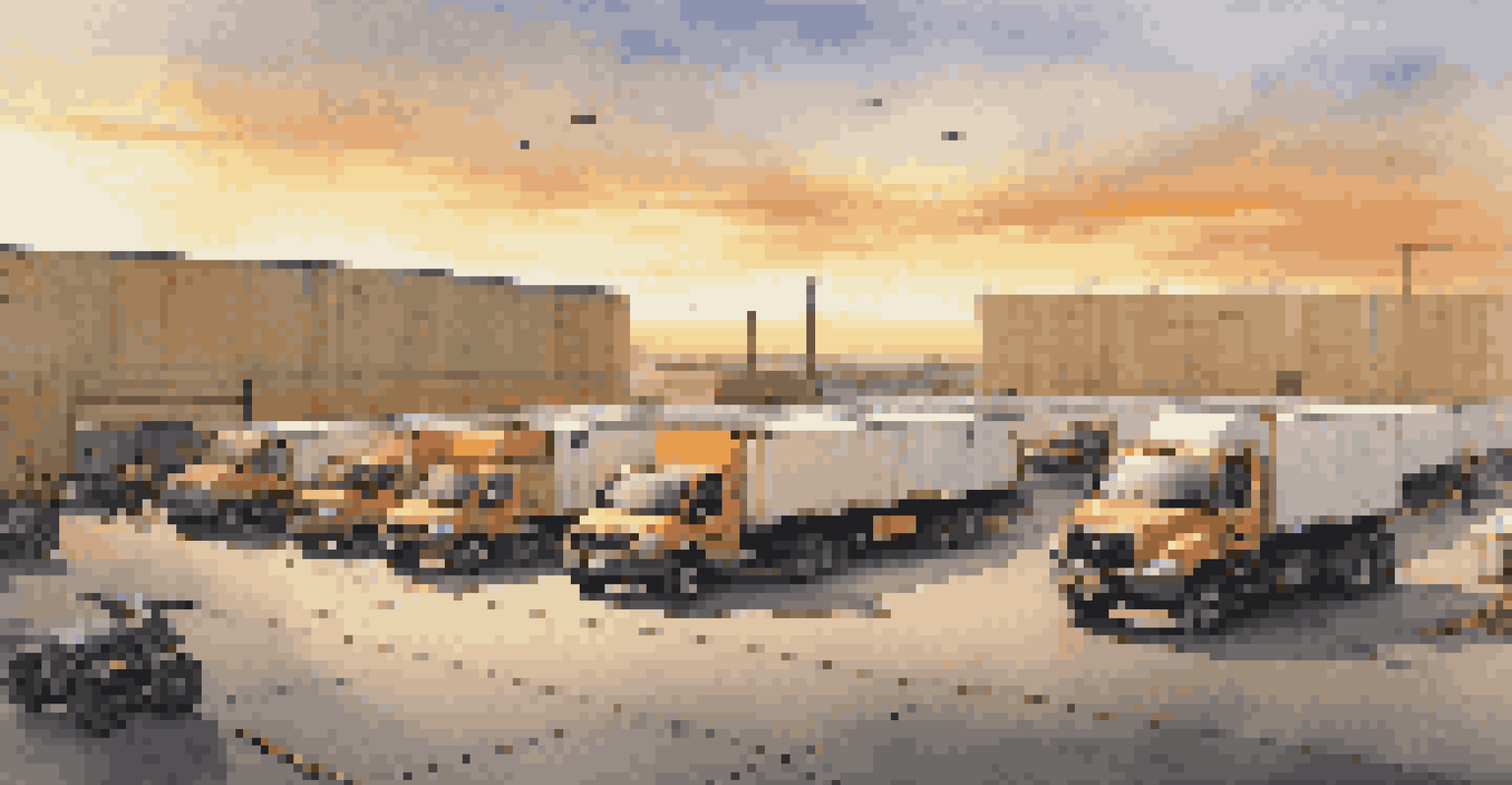 A logistics yard with various delivery vehicles equipped with telematics devices and workers conducting inspections during sunset.