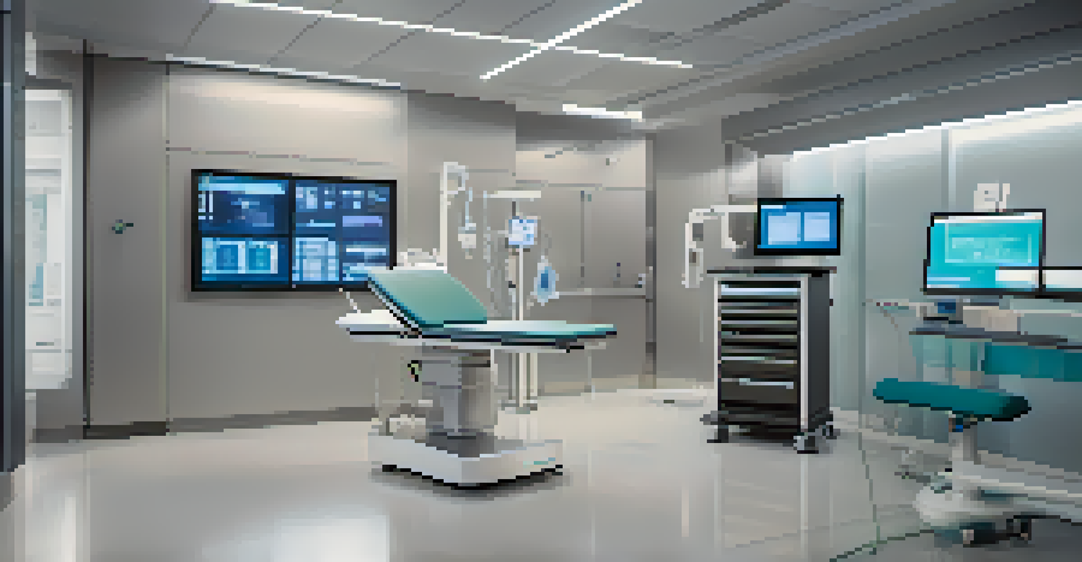 An edge computing device next to patient records and imaging scans in a modern healthcare setting, showcasing technology in data processing.