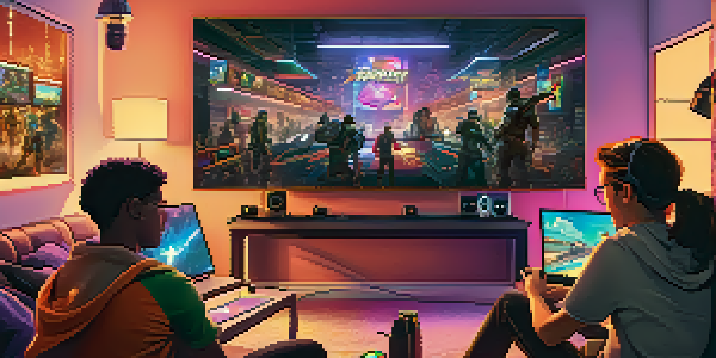 A lively gaming room with consoles and PCs, friends enjoying a multiplayer game, and colorful posters on the walls.