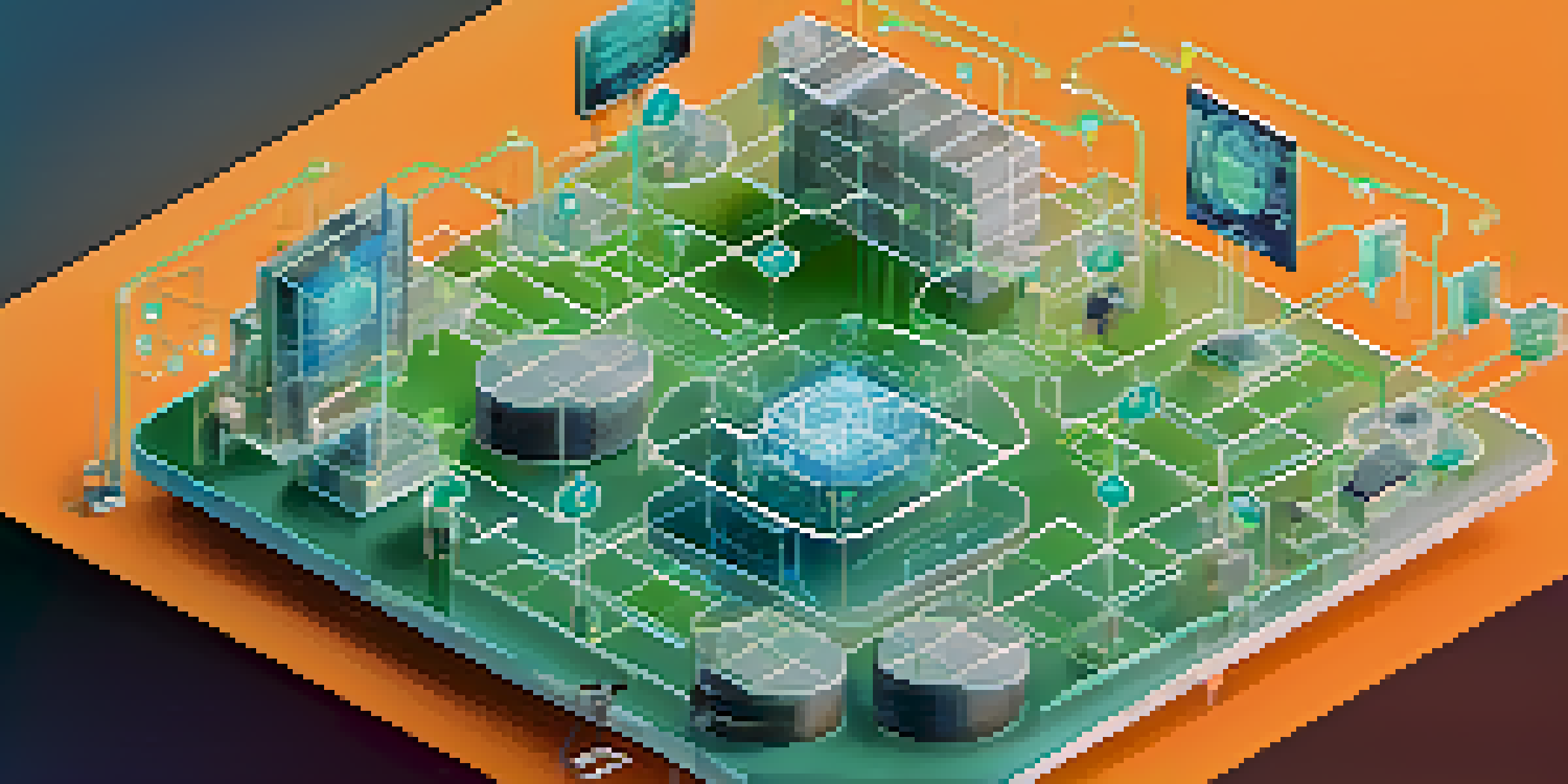 An illustration of a transparent supply chain with IoT devices and blockchain, featuring glowing lines and a technology-themed color palette.