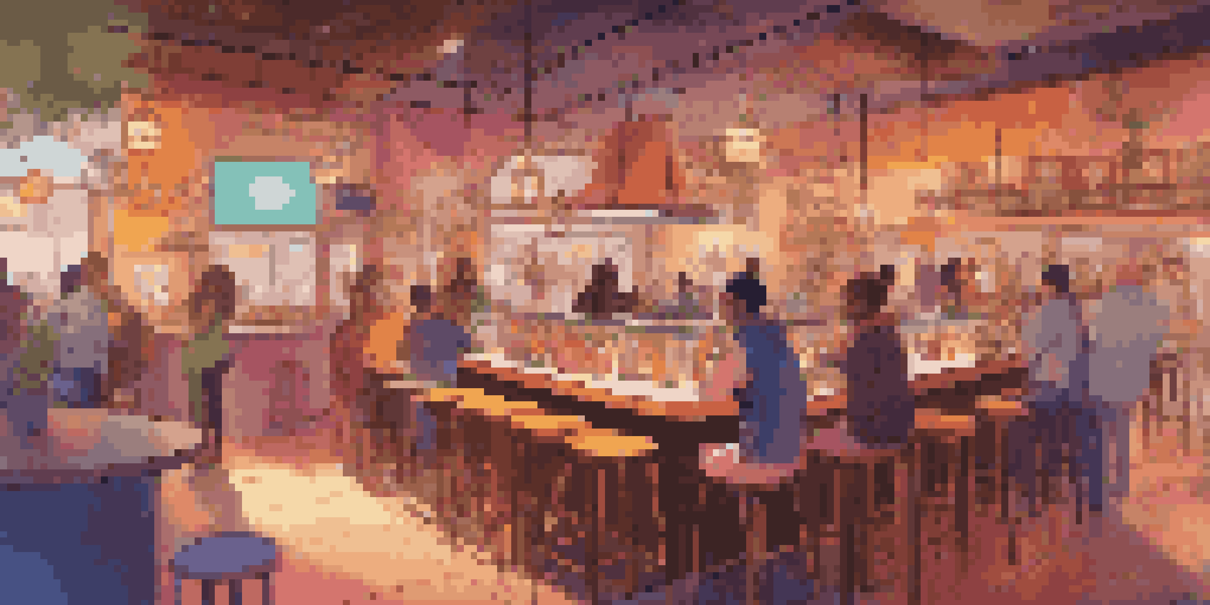 A lively virtual reality café with various avatars engaged in conversation, colorful decorations, and warm lighting.