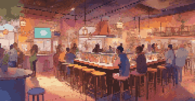 A lively virtual reality café with various avatars engaged in conversation, colorful decorations, and warm lighting.