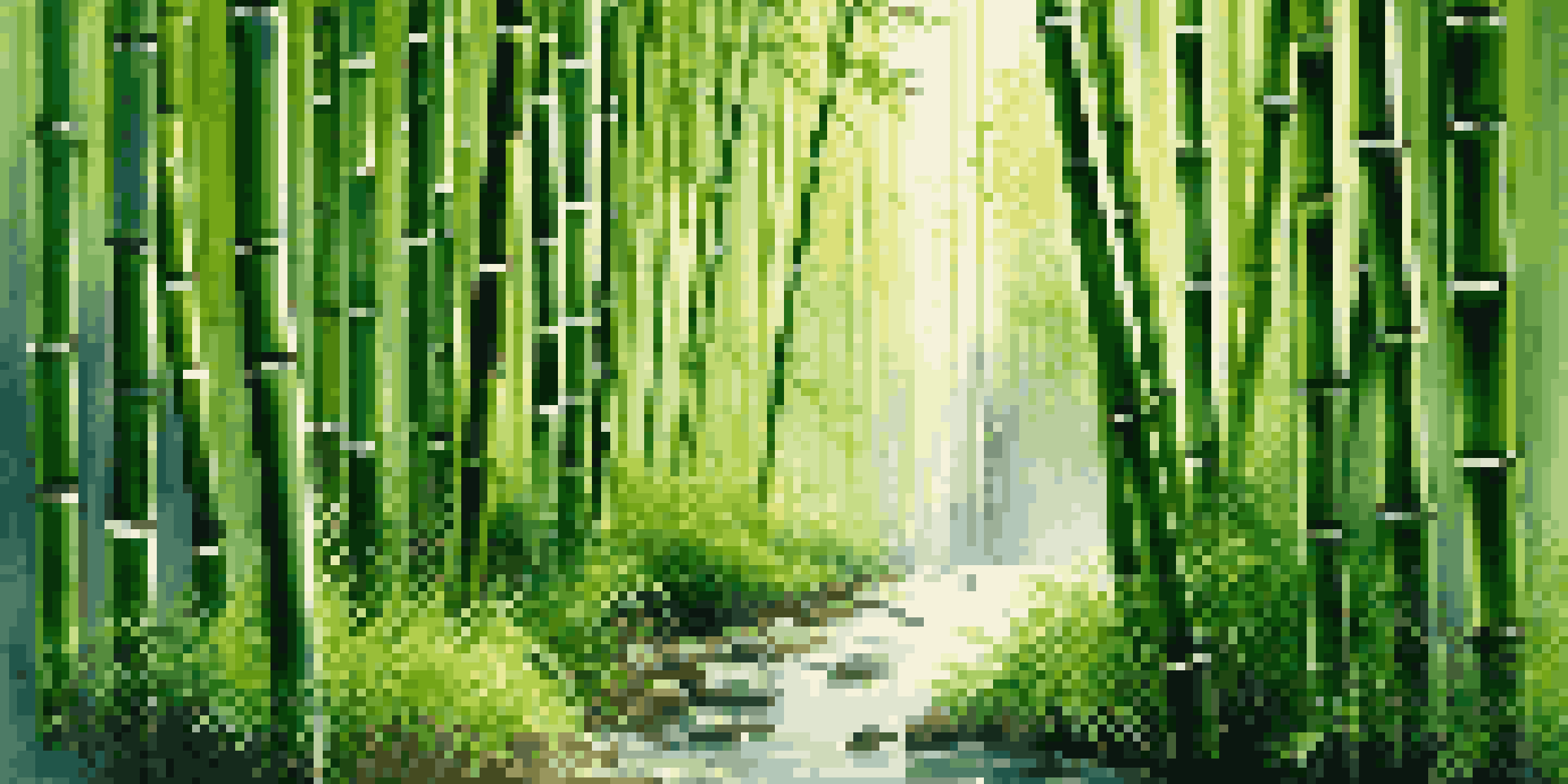 A peaceful bamboo forest with sunlight shining through the bamboo, creating shadows on the ground and a stream flowing through.