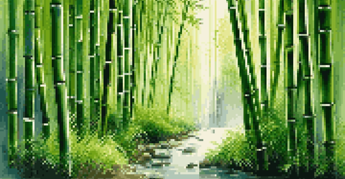 A peaceful bamboo forest with sunlight shining through the bamboo, creating shadows on the ground and a stream flowing through.