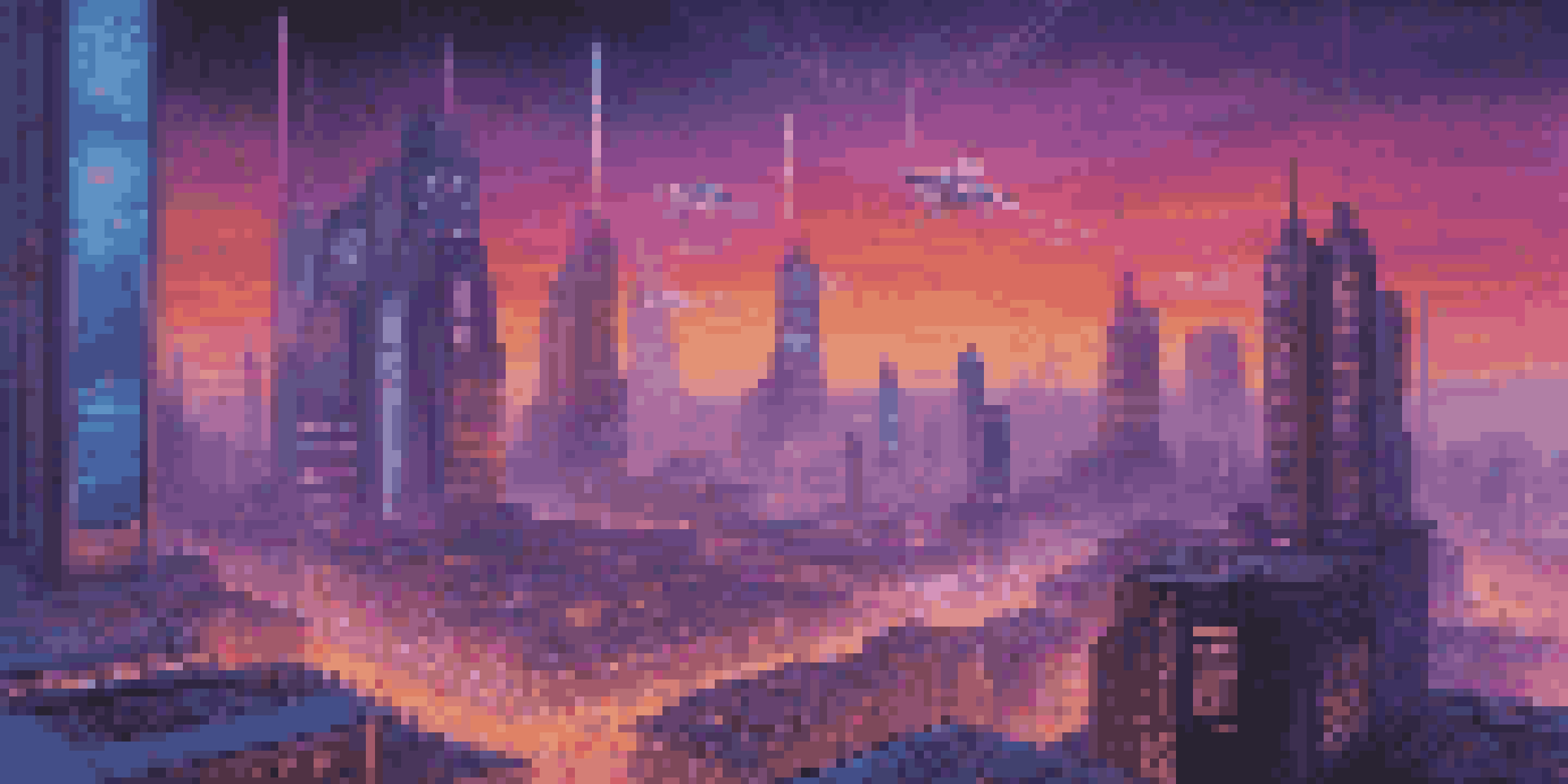 A city skyline at dusk with a mix of traditional and modern architecture, illuminated by neon lights and featuring people using holographic displays.