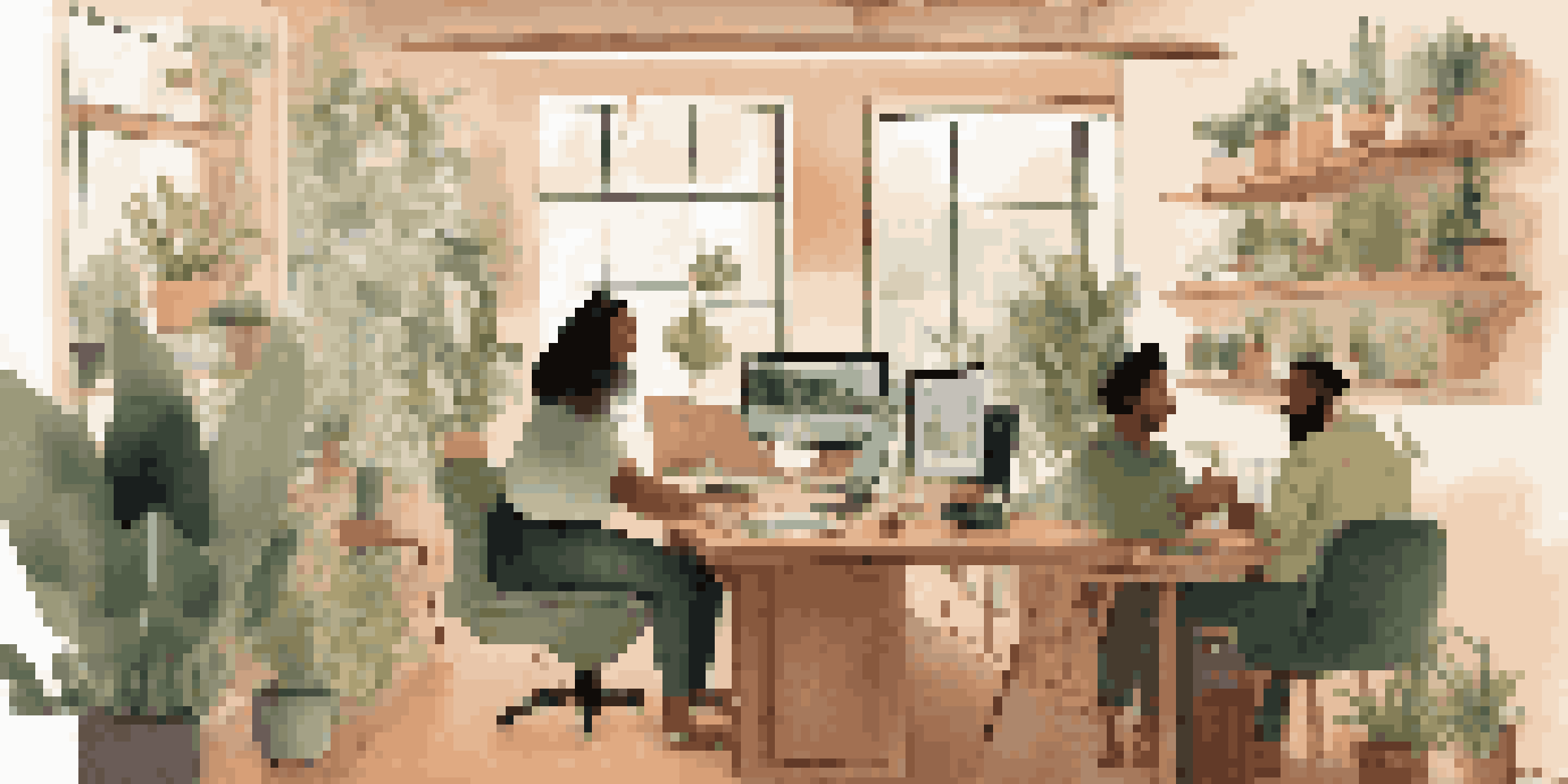 A diverse group of remote workers collaborating via video conference in a cozy home office setting with plants and warm lighting.