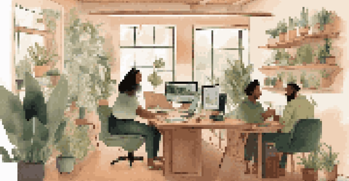 A diverse group of remote workers collaborating via video conference in a cozy home office setting with plants and warm lighting.