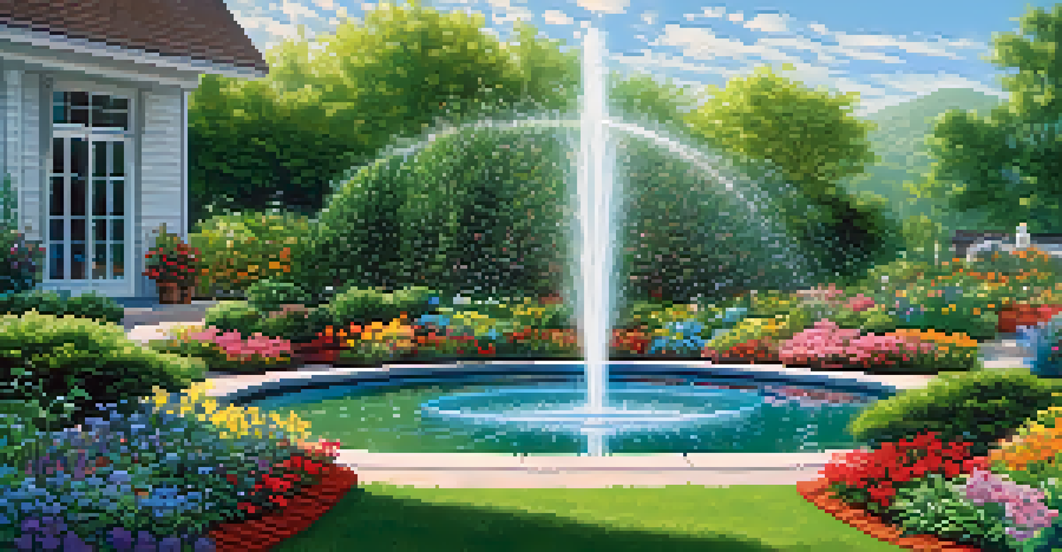 A vibrant garden with a smart irrigation system watering flowers and plants under a clear blue sky.