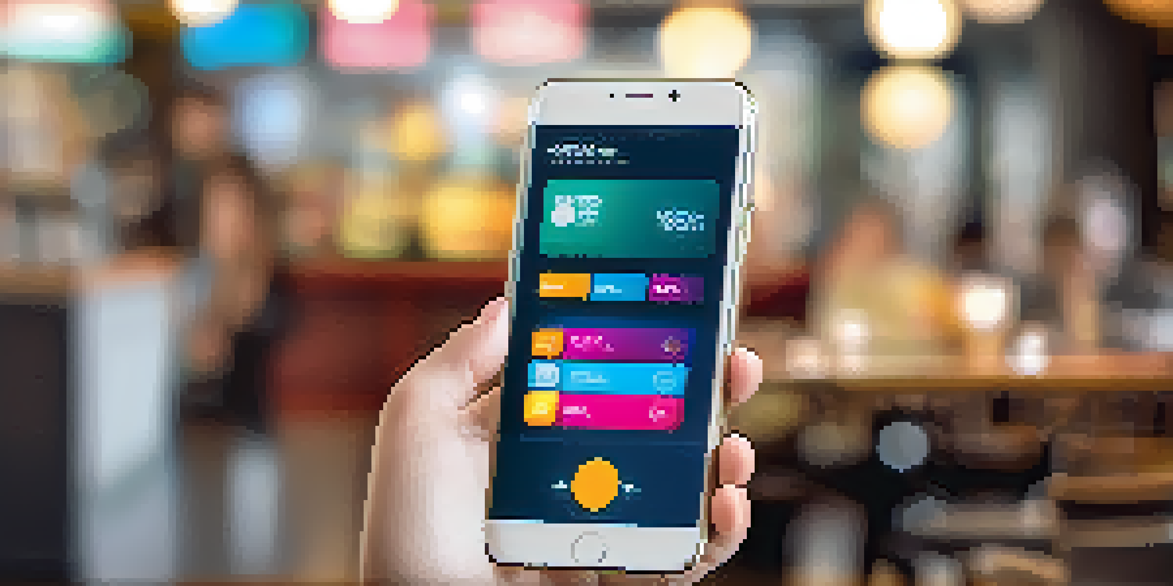 A smartphone displaying a colorful digital wallet app interface in a café setting.