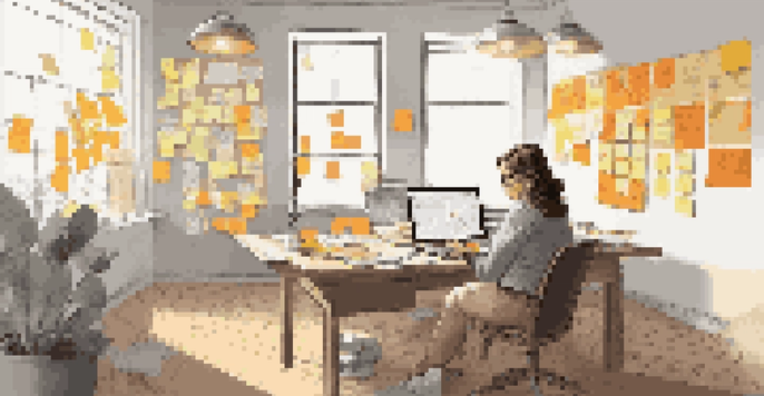 A woman designer working at a desk with colorful sticky notes and user journey maps on the wall, illuminated by natural light.