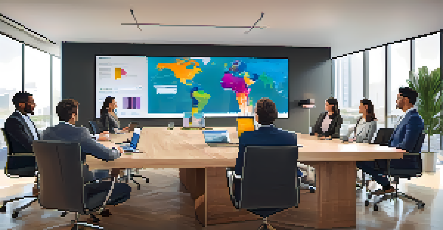 A diverse team in a conference room discussing RPA tools, with a large screen displaying various RPA software.