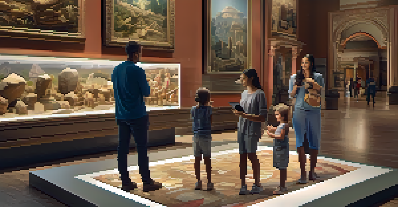 A family explores augmented reality exhibits in a museum, with children engaged in using tablets to view 3D artifacts.