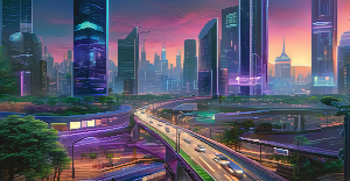 A futuristic city at dusk with illuminated skyscrapers and smart traffic lights, showing autonomous vehicles on the streets.