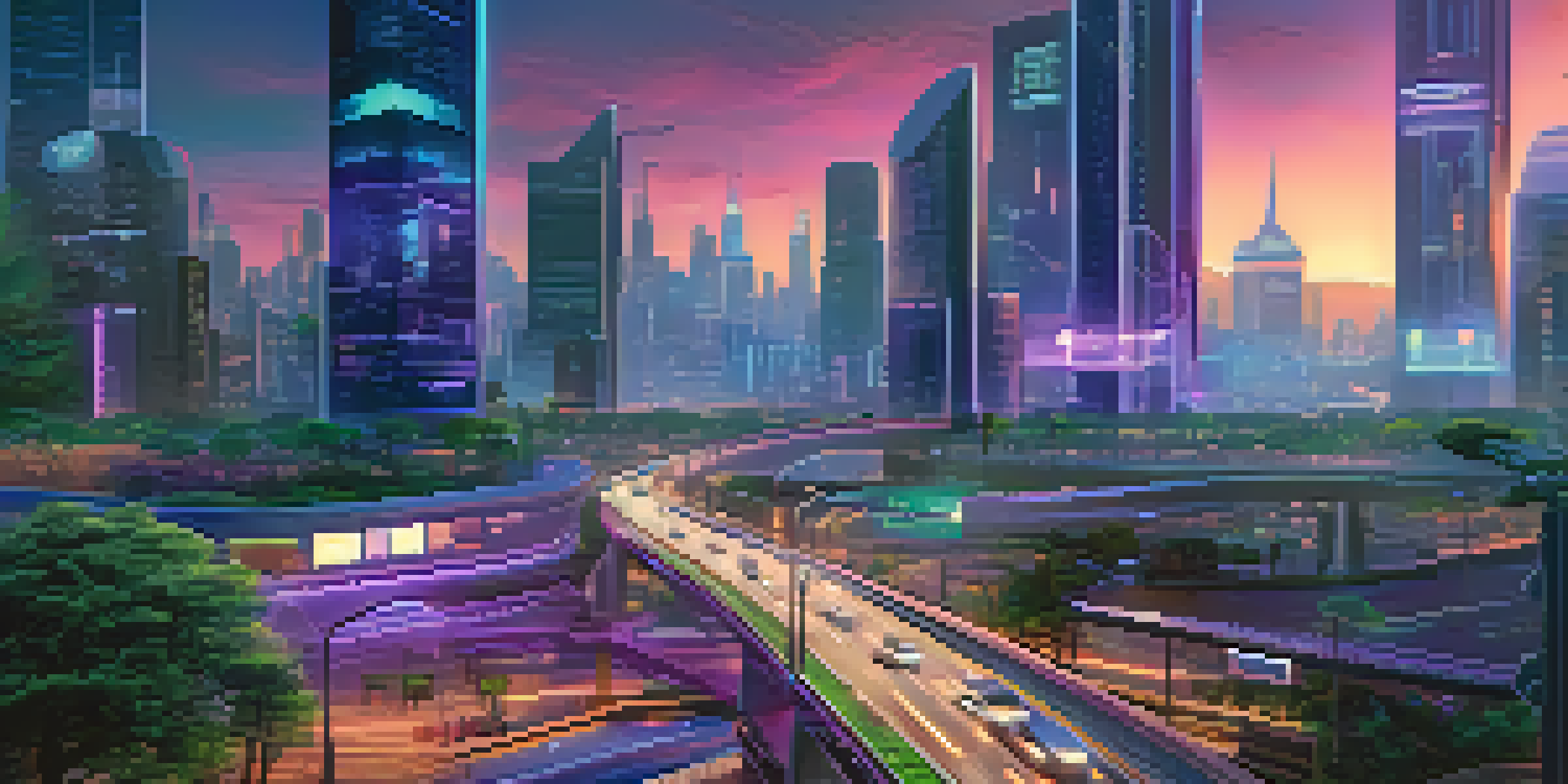 A futuristic city at dusk with illuminated skyscrapers and smart traffic lights, showing autonomous vehicles on the streets.