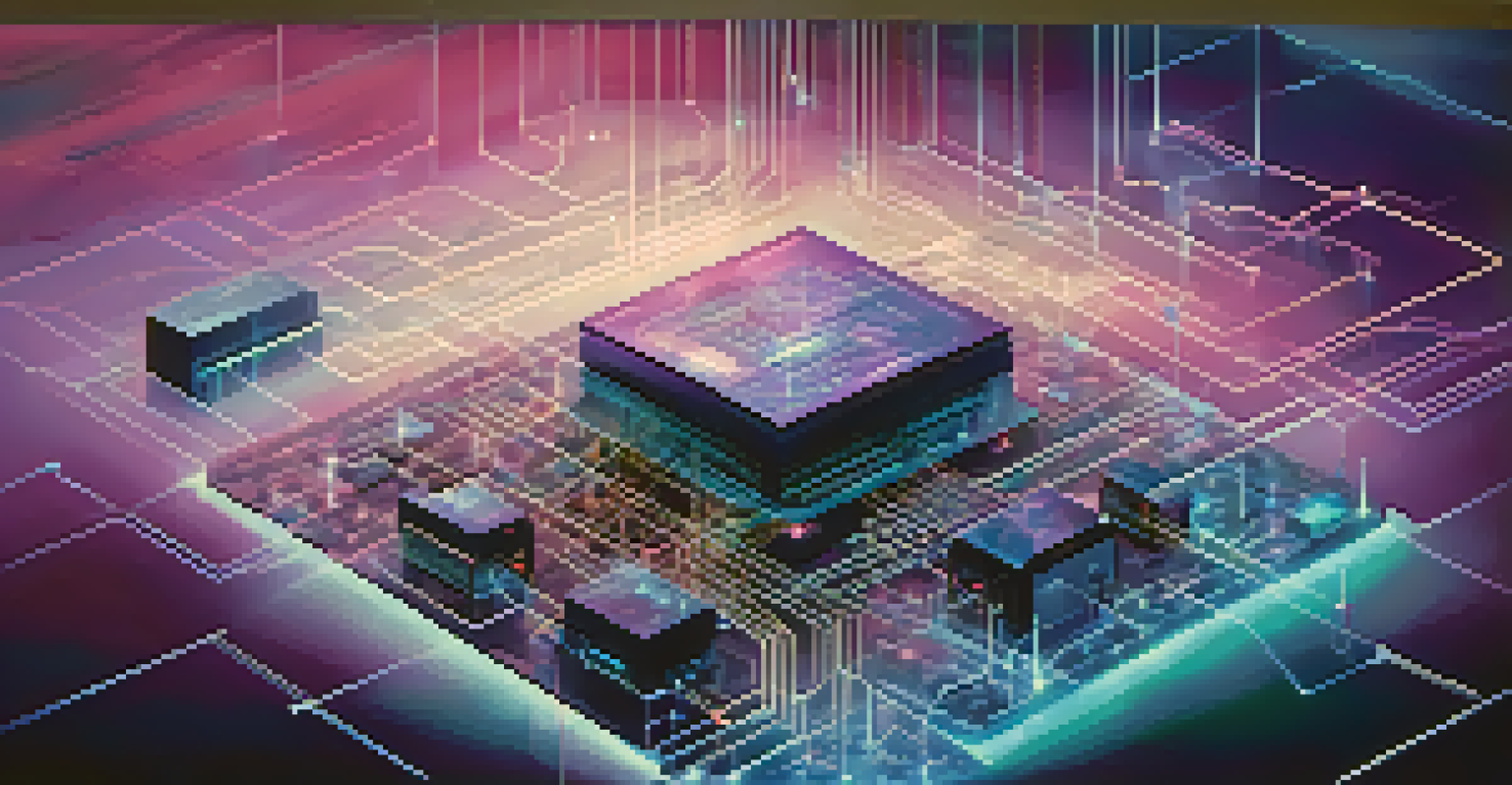 An abstract image showing interconnected clouds with digital circuits and glowing nodes, representing virtualization in cloud computing against a blue and purple gradient background.