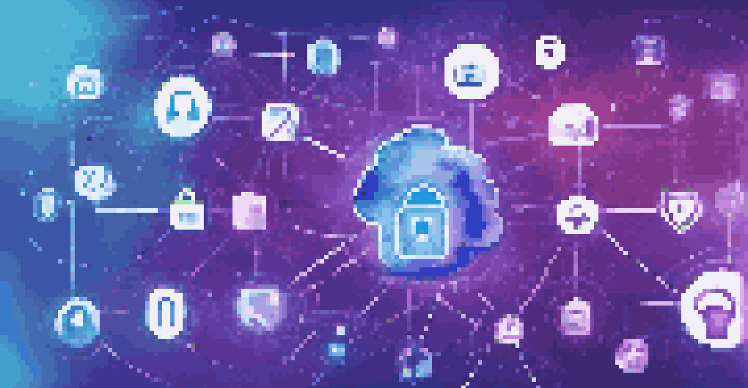 An abstract network of digital locks and user icons representing identity management with a blue and purple background.