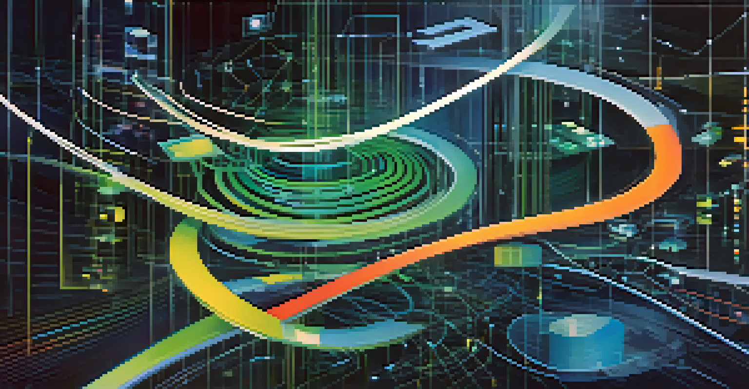 An abstract image of colorful lines representing data flow with geometric shapes symbolizing data sources.