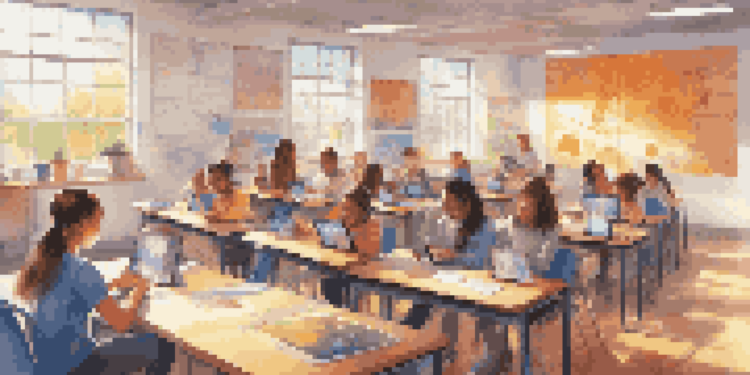 A lively classroom where students are interacting with smart technologies, including tablets and virtual reality headsets, with bright sunlight illuminating the space.