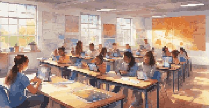 A lively classroom where students are interacting with smart technologies, including tablets and virtual reality headsets, with bright sunlight illuminating the space.