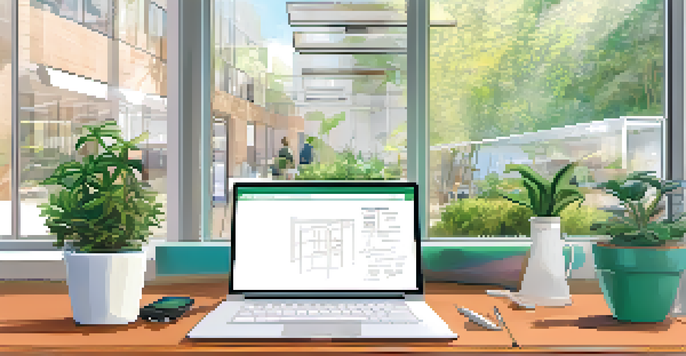 A bright office workspace with a laptop displaying a cloud service dashboard, surrounded by plants and a coffee cup.