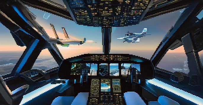 A pilot using a virtual reality headset in a high-tech cockpit, with holographic displays of flight scenarios around them.