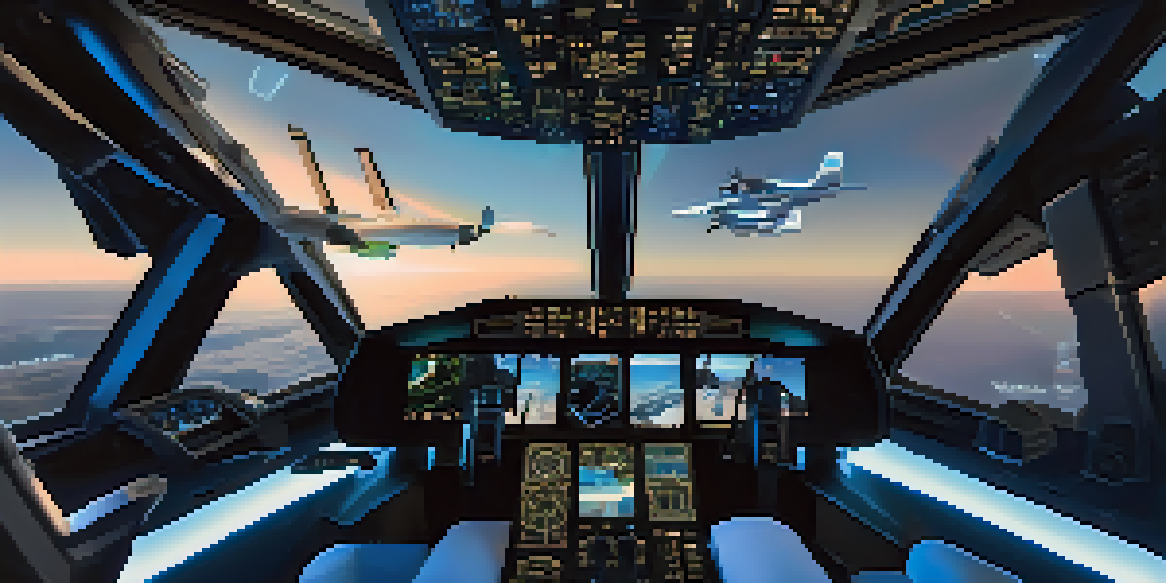 A pilot using a virtual reality headset in a high-tech cockpit, with holographic displays of flight scenarios around them.