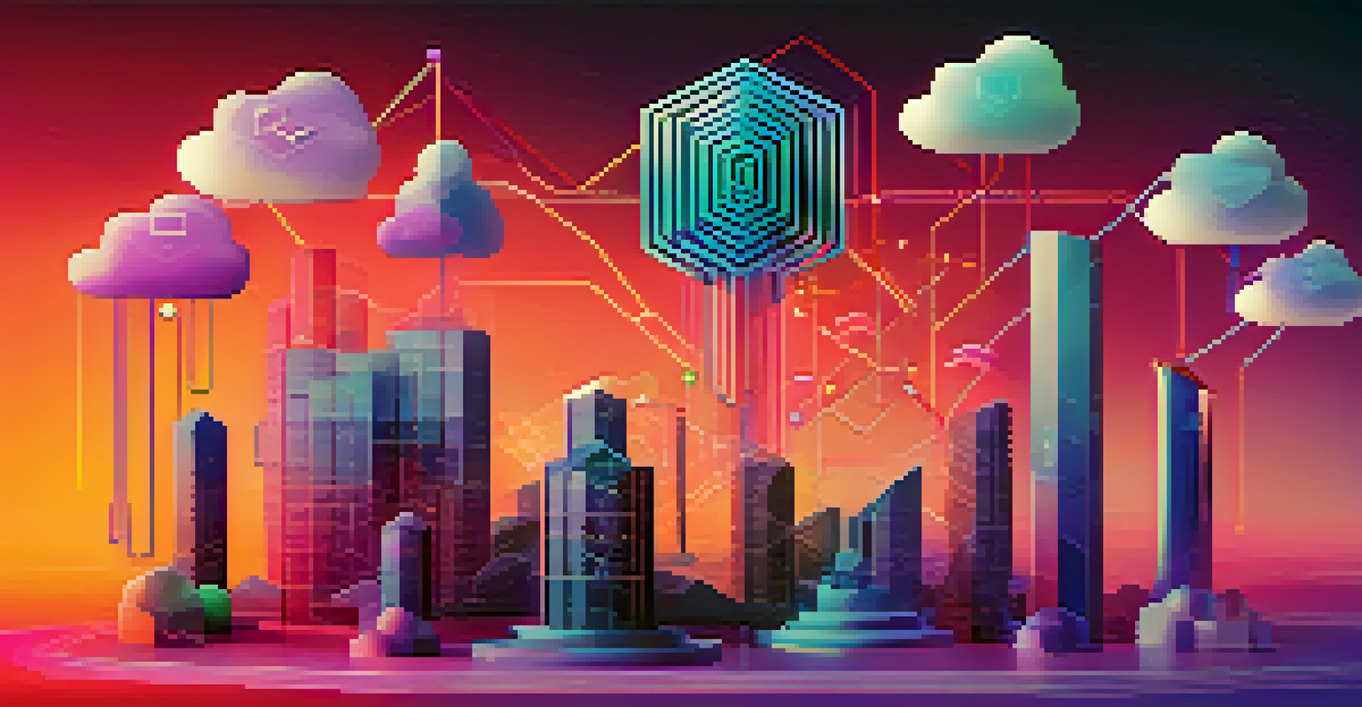 An abstract illustration of serverless architecture with cloud icons and colorful geometric designs.