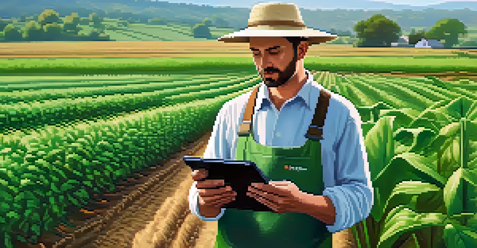 A farmer in a green field using a tablet to view a smart contract for crop insurance, with a clear blue sky in the background.