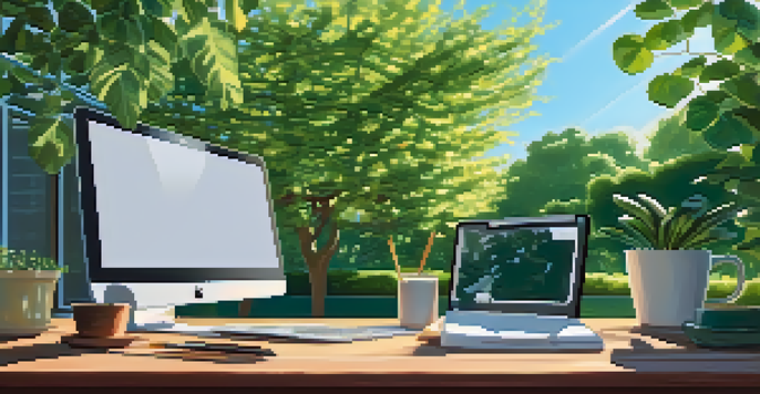 An outdoor office setup with a wooden desk, laptop, coffee cup, and potted plant, surrounded by trees and sunlight.