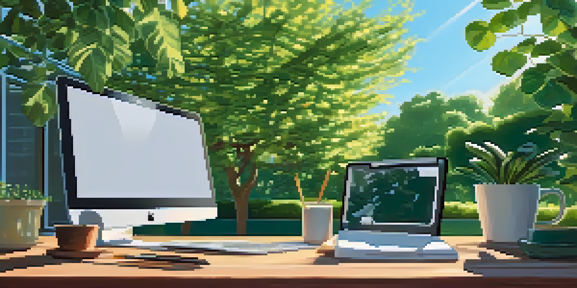 An outdoor office setup with a wooden desk, laptop, coffee cup, and potted plant, surrounded by trees and sunlight.