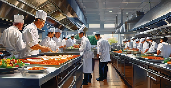 A busy restaurant kitchen with chefs preparing appetizers and desserts under warm lights.