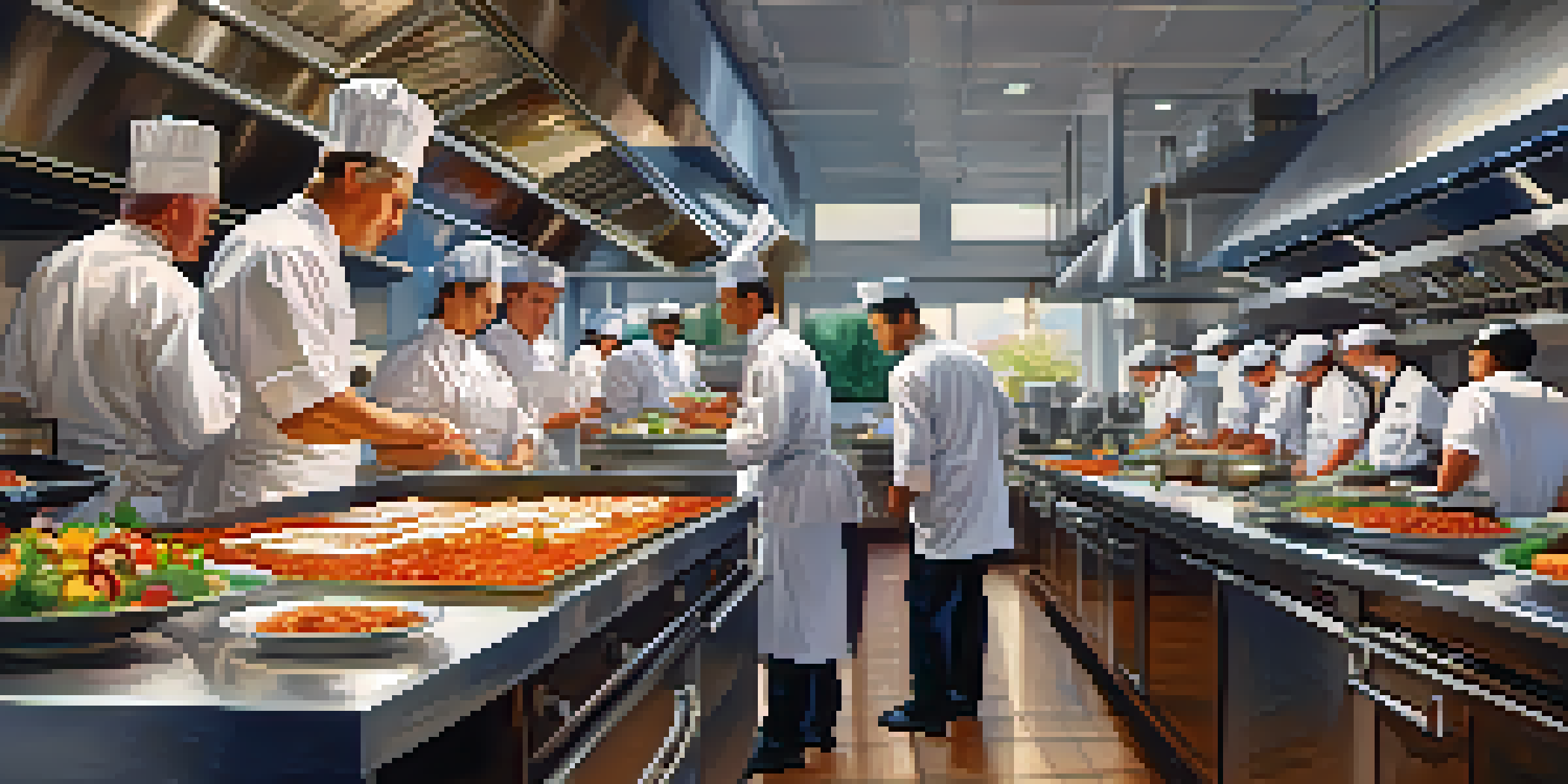 A busy restaurant kitchen with chefs preparing appetizers and desserts under warm lights.