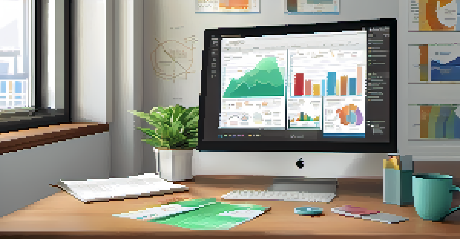 A computer screen showing a data governance dashboard with colorful charts, set on a desk adorned with a coffee cup and plant.