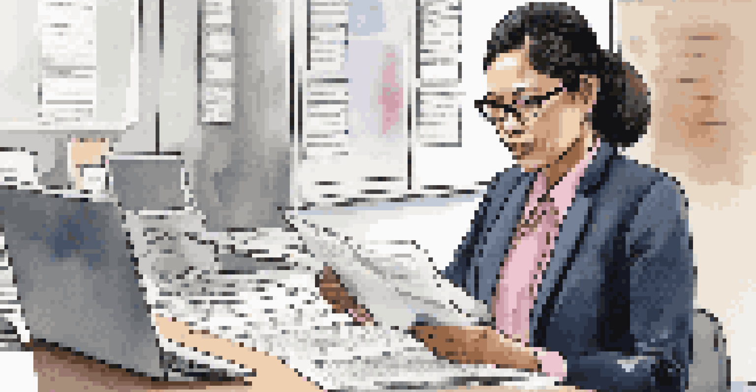 A Data Protection Officer reviewing compliance documents in an office setting, focusing on her professional appearance and surroundings.