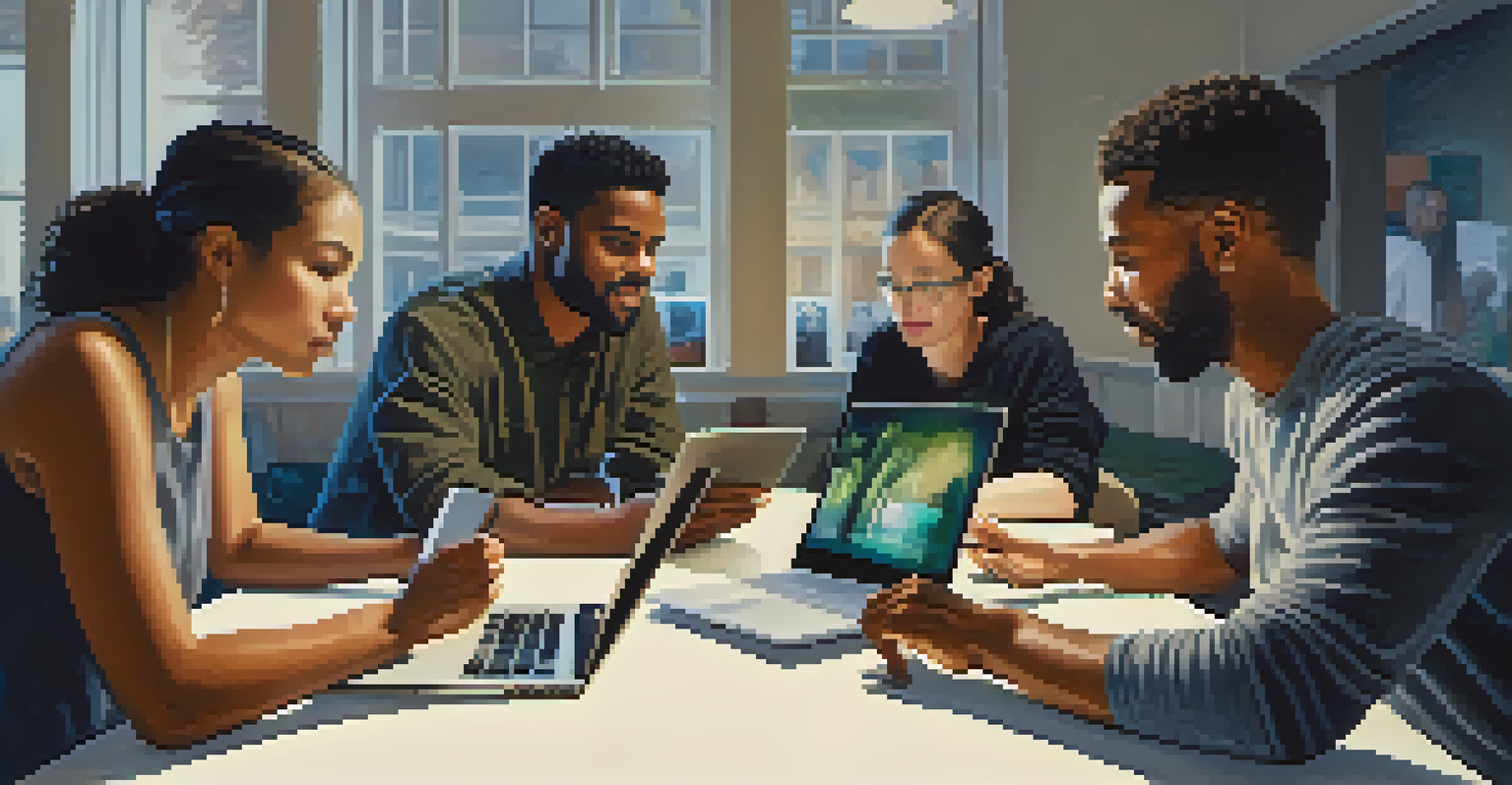 A diverse group of individuals discussing ideas around a table with laptops and smartphones, in a well-lit modern room.