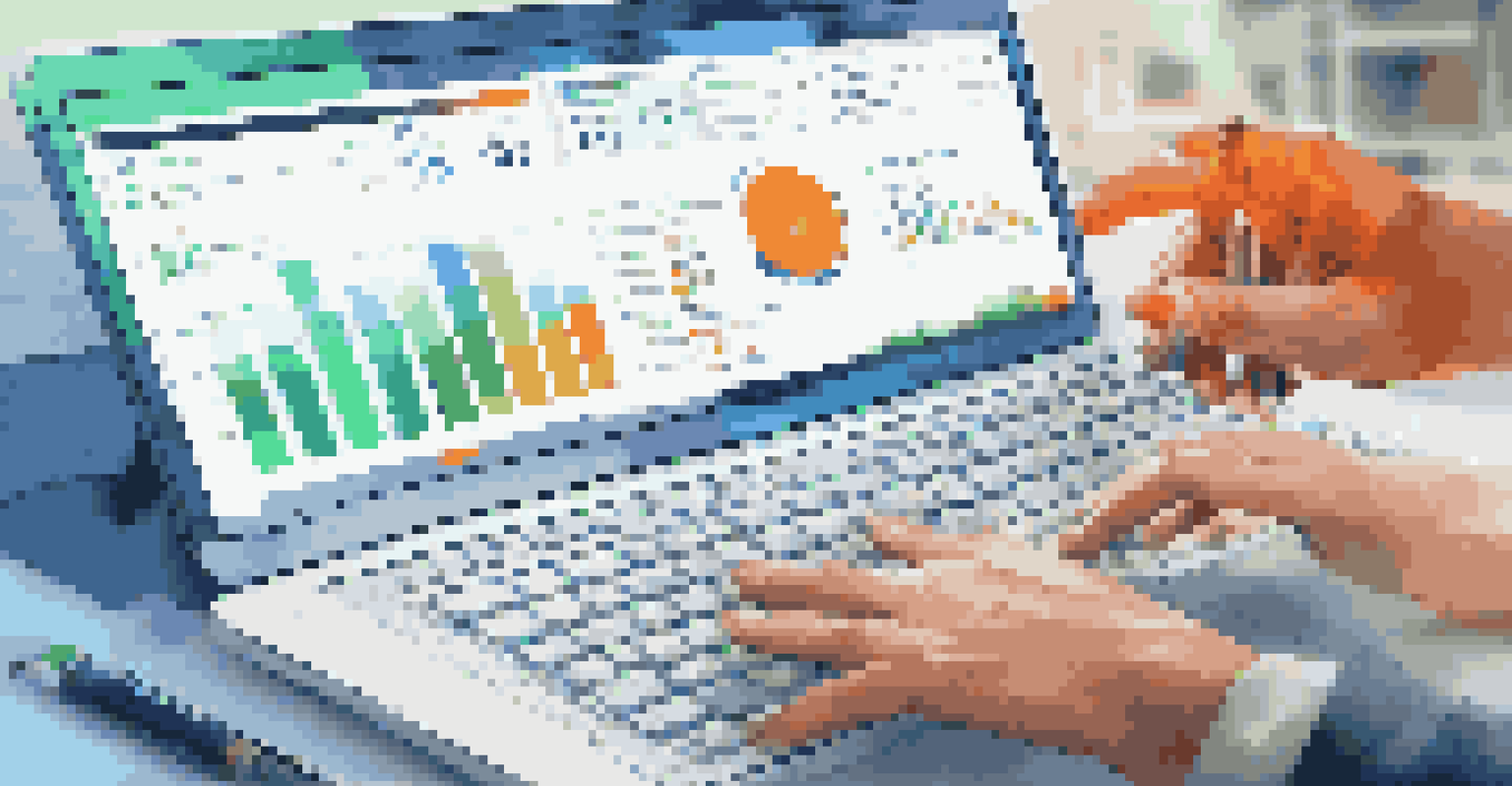 Close-up of hands typing on a keyboard, with a digital dashboard displaying analytics metrics on the screen.